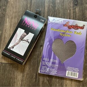 NWT Tights Nylon Legwear Black Set Fishnets Lace Pantyhose Stockings S/M